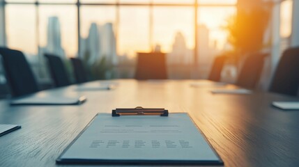 Modern Conference Room with Sunset View and Clipboard on Table