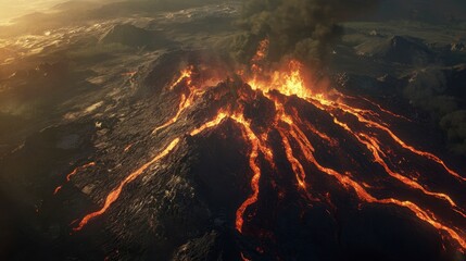 Aerial view of a volcano with hardened lava flows stretching out across the surrounding landscape