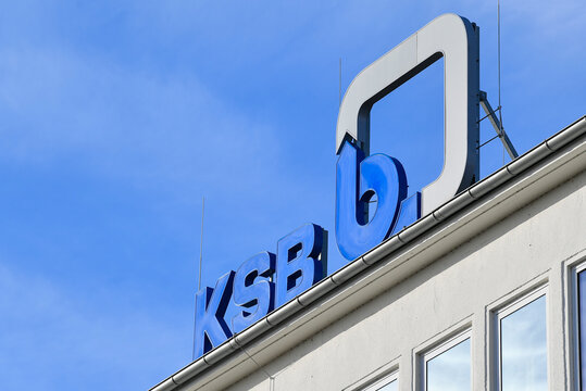 Germany, Frankenthal,  January 31. 2025, sign or lettering of KSB SE & Co. KGaA is a listed manufacturer of pumps and valves for the mining, chemical & petrochemical, building services, water markets