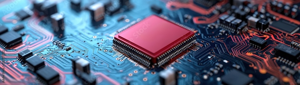 Poster close up view of a computer chip placed on an electronic circuit board with various components