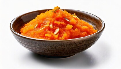 a bowl full of carrot halwa on white background