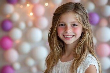 Obraz premium Smiling girl with long hair stands in front of colorful balloons at a festive event during daytime