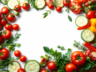 Bold acrylic painting featuring a colorful vegetable border with cherry tomatoes, cucumbers, bell peppers, and herbs on a white background