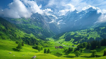 Fototapeta premium The Enchanting Allure of the Lush Green Valleys in the Swiss Alps during Summer