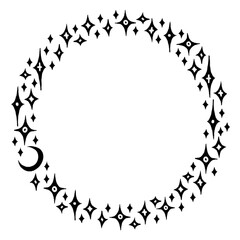 Wreath consisting of black cartoon stars, comet and moon drawn by hand with a marker with an old typography effect