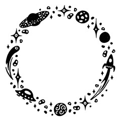 Wreath consisting of black cartoon stars, Saturn, Jupiter, Uranus, comet and moon, rocket, UFO, hand drawn with marker with old typography effect