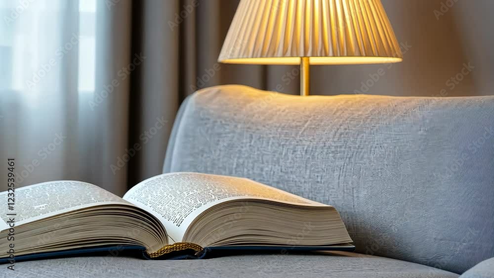 Aufkleber soft light from a lamp casts a warm glow on an open book resting on a plush couch, creating a serene