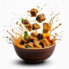 brinjal curry splashing into bowl with brinjal pieces isolated with white background 