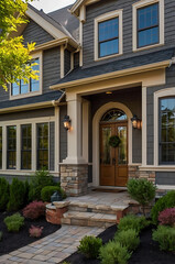 Obraz premium Luxury Home Exterior: Gray Siding, Stone Accents, and Landscaped Garden