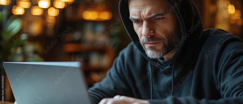 Poster man in a hoodie working on a laptop in a modern indoor environment with a focused expression
