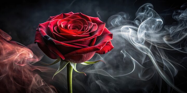 Rose with velvety petals and delicate stem wrapped in wispy red smoke swirls around a dark, mysterious background , mystery