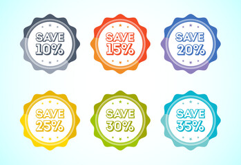 Save 5, 10, 15, 20, 25, and 30 percent icon, banner, sticker for business, marketing and advertising