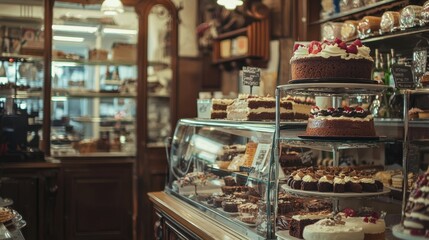 Fototapeta premium Delicious Cakes Displayed in a Traditional Bakery Setting