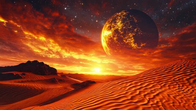 Crimson Planet Rising Over the Desert Horizon - made with Generative AI