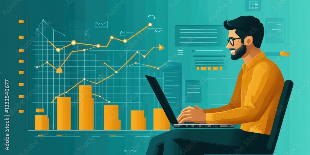 Poster man sitting at desk working on laptop with graphs and data analysis on screen