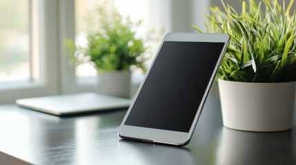 Modern Smartphone Leaning on Desk with Green Plant Background