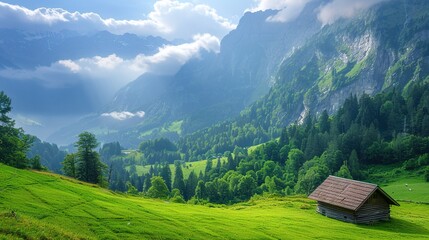 Fototapeta premium The Enchanting Allure of the Lush Green Valleys in the Swiss Alps during Summer