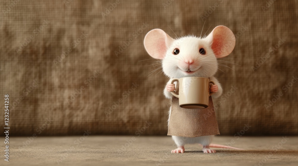 Poster cute mouse dressed in apron holds cup while standing on a textured surface in a cozy setting. genera