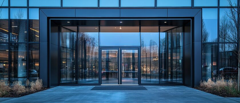 Large modern glass building with a prominent clock on the facade during daytime with blue sky