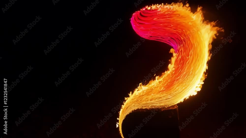 Poster fiery pink and orange flames intertwining, generating sinuous s shaped dynamic movement against deep
