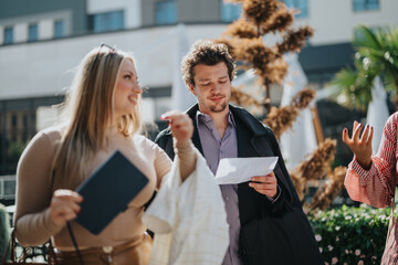 A diverse group of business people engage in a lively discussion while reviewing paperwork outside in a city environment.