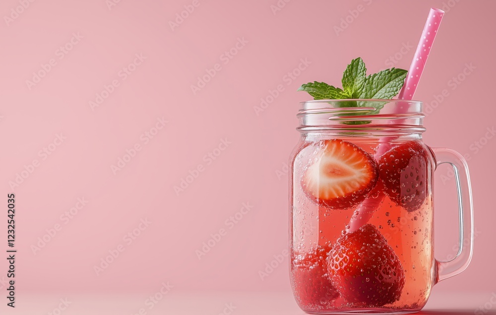 Poster refreshing strawberry beverage in a jar on a pink background with a hint of mint
