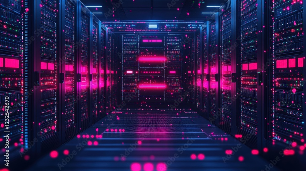Aufkleber rows of servers in a dark room with low lighting and multiple cables and connections visible