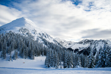 Snow covered mountain peaks. Dachstein an Schladming ski region, Salzburg , Austria. Winter nature landscape.