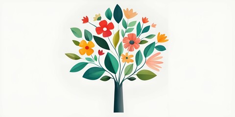 Earth day watercolor concept. Colorful floral tree illustration with vibrant leaves and flowers on a light background.