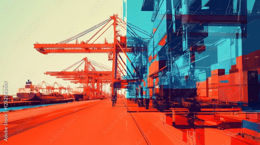 Poster modern port loading dock with cranes and shipping containers