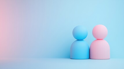 Two minimalistic figurines in blue and pink stand against a soft pastel background, symbolizing connection and harmony.