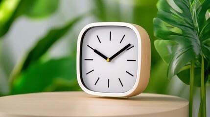 Stylish Minimalist Clock on Wooden Table in Green Interior Setting