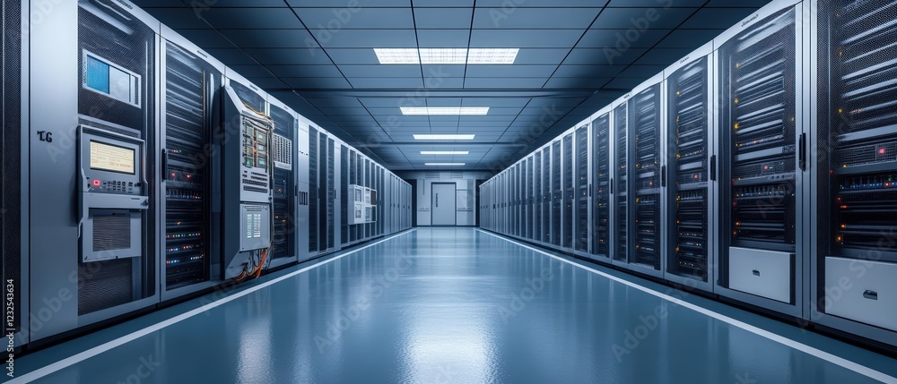 Poster long hallway with rows of servers in a data center illustrating technology and modern infrastructure