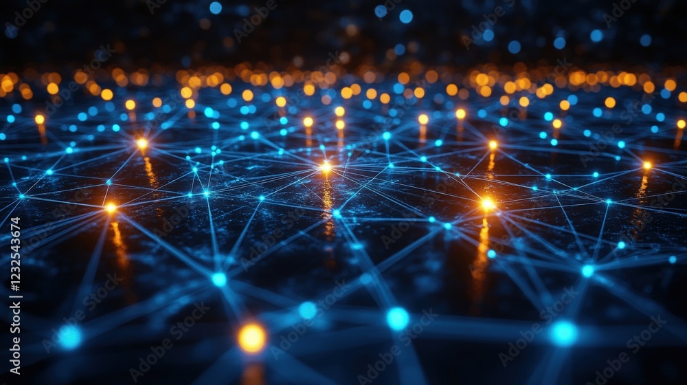 Poster network of glowing lights forming intricate patterns on a dark background in a digital representatio