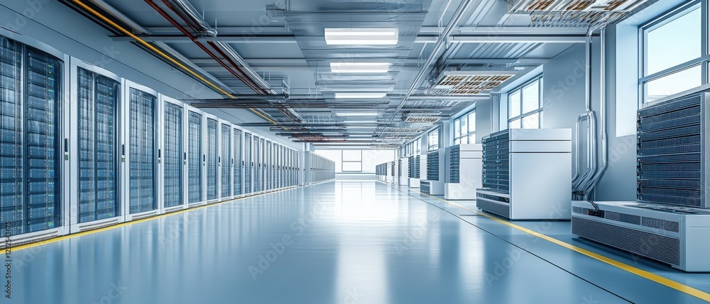 Poster long hallway featuring multiple rows of servers in a data center environment