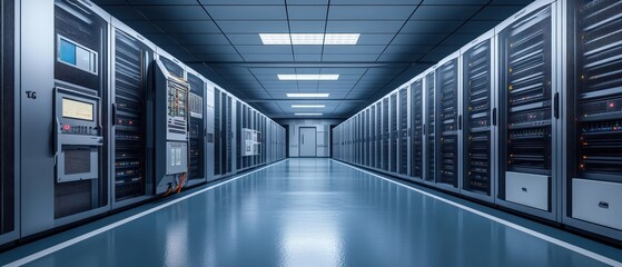 Long hallway with rows of servers in a data center illustrating technology and modern infrastructure