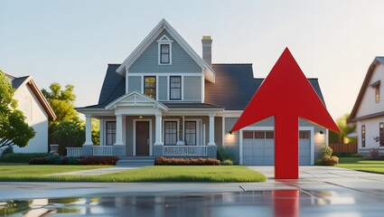 a house with a rising arrow, concept of house price rising