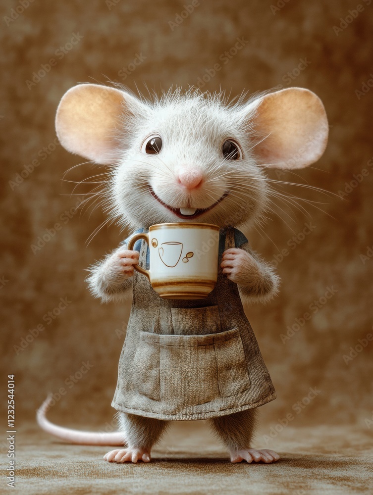 Aufkleber cute small mouse in apron holding cup with joyful expression in cozy setting with warm tones. genera