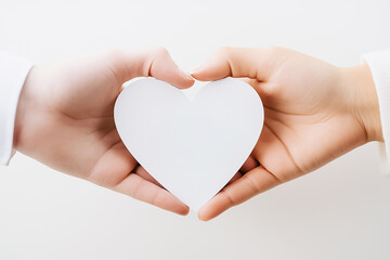 Obraz premium Two hands come together forming a heart shape symbolizing unity and connection in a light and airy environment. The soft color palette enhances the warm message