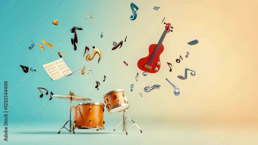 Poster drum set, violin, musical notes, and sheet music levitating in a colorful studio with a gradient bac