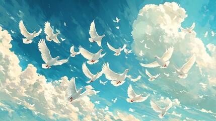 White doves soar gracefully through bright blue sky puffy clouds peaceful serene image. AI Generated
