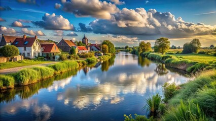 Fototapeta premium Diksmuide, Belgium: Stunning Yser River landscape captured in vivid photorealistic detail.