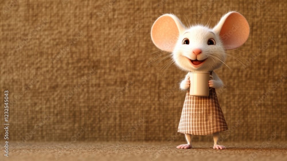 Poster happy cartoon mouse holding a cup while standing on a textured background in a cozy setting. generat