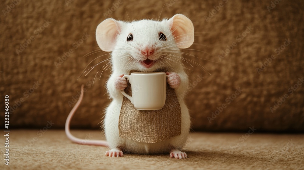 Poster cute mouse in an apron joyfully holding a tiny cup against a cozy background in a serene setting. ge