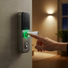 Naklejka premium A hand reaches for a digital smart door lock, activating it with a touch. Concepts touch screen, home security, technology, design, home automation, digital key, secure entry, wireless device