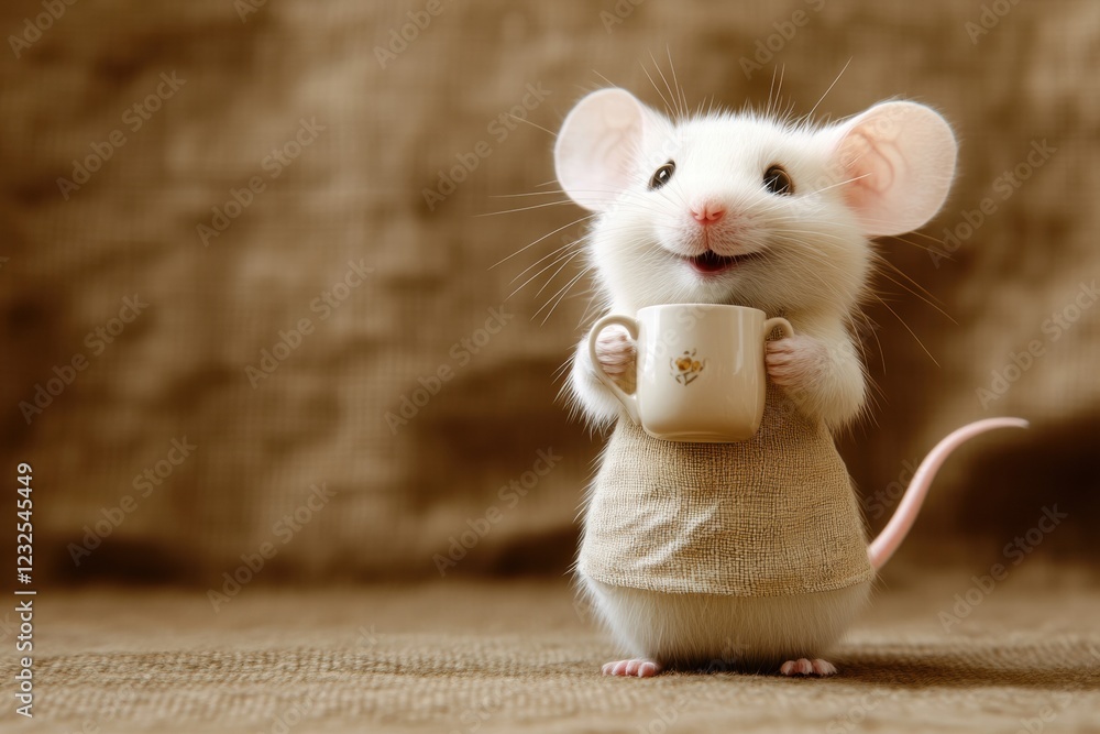 Poster cute white mouse in a linen apron holding a tiny cup while standing on a soft surface in a cozy sett