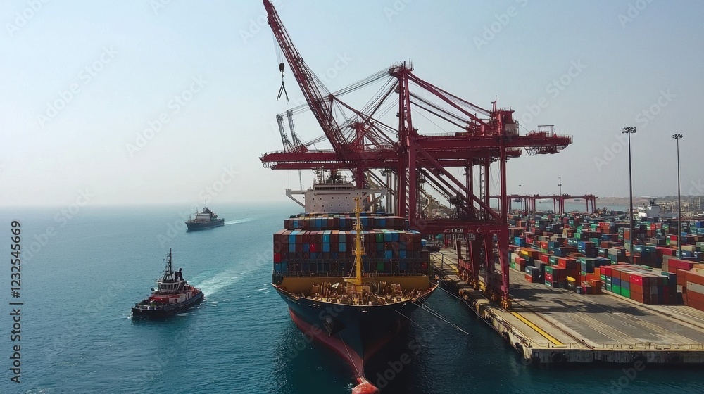Poster large container ship unloading cargo at busy port with cranes