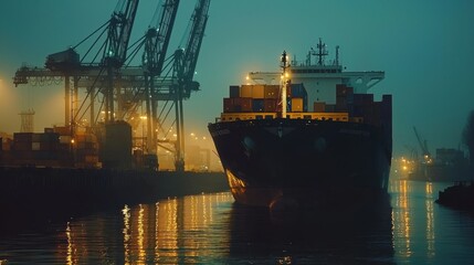 Fototapeta premium Cargo Ship Docked at Port Under Foggy Night Sky with Cranes