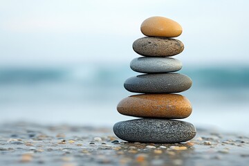 Fototapeta premium A stack of pebbles arranged in perfect balance on a smooth, polished surface, symbolizing harmony and stability