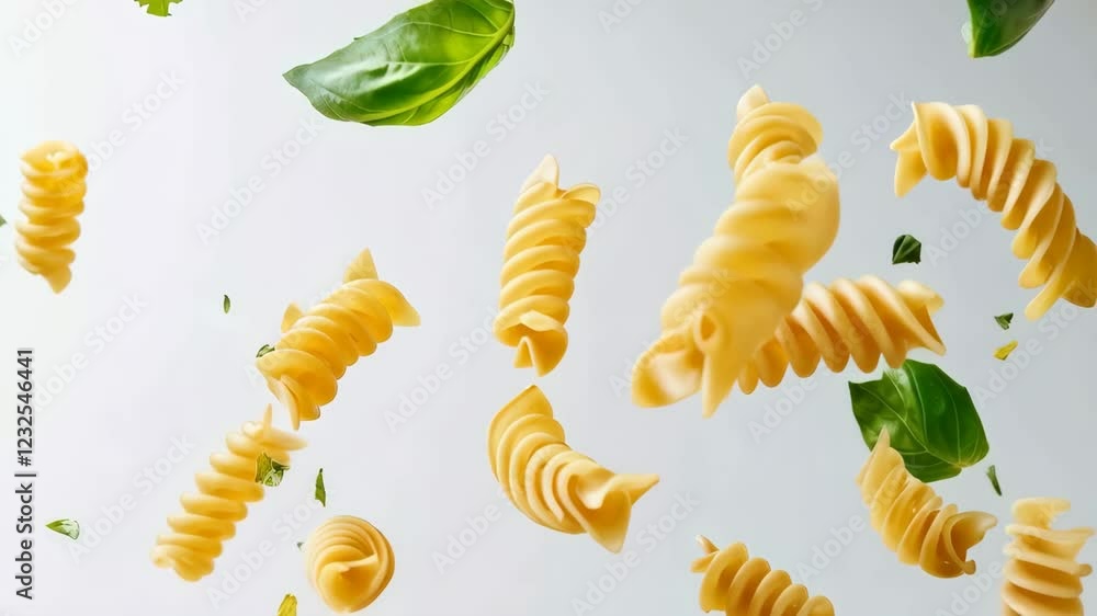 Poster several pieces of fusilli pasta and basil leaves are levitating against a minimalist white backgroun